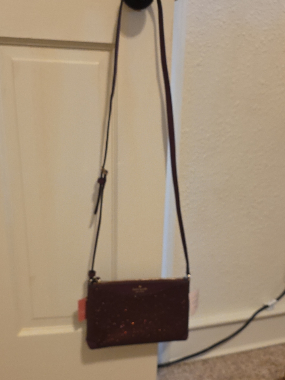 kate spade burgundy glitter crossbody purse with adjustable strap